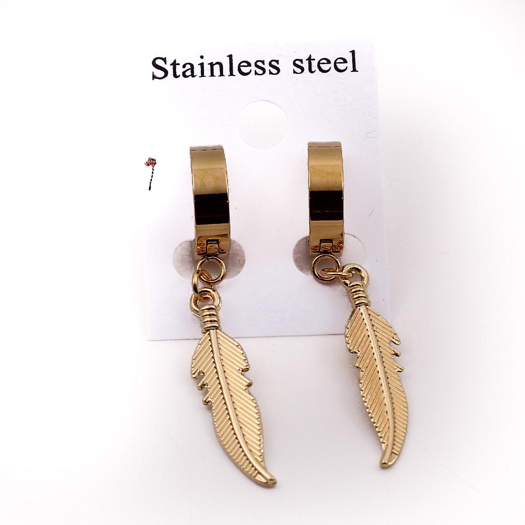 AR21407	 Huggie Acero Dorado Pluma colgando