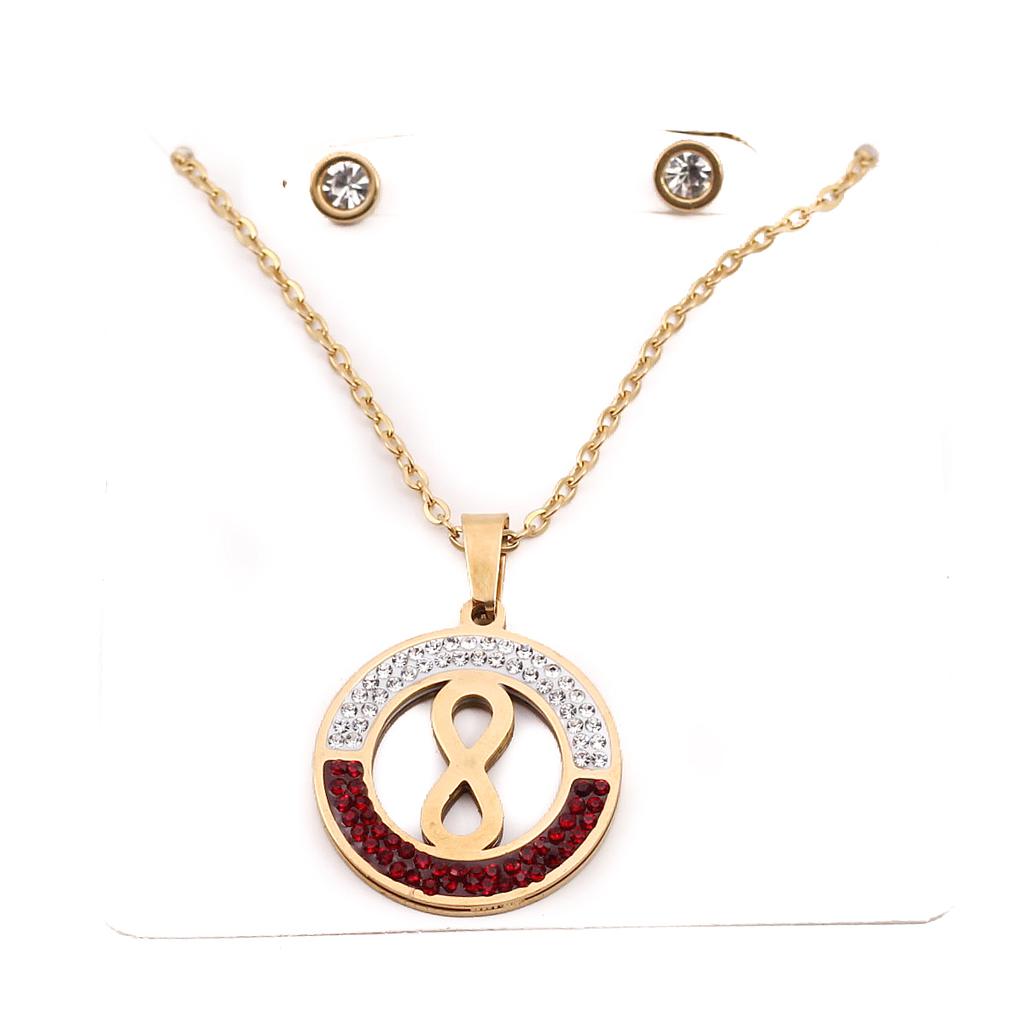 COL1005 Juego de Acero Dorado Circulo con piedritas blanca y roja