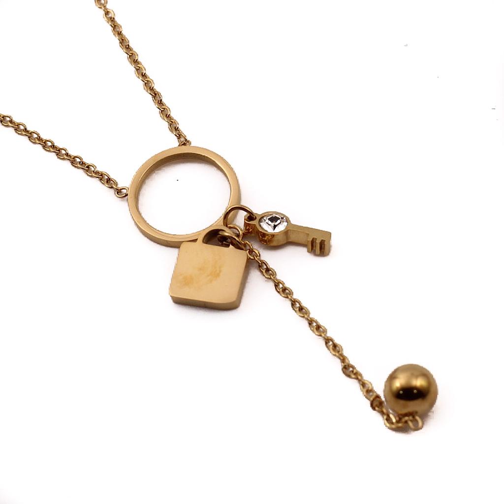 COL21110 Collar Acero Dorado Candado y llave, bolita colgante