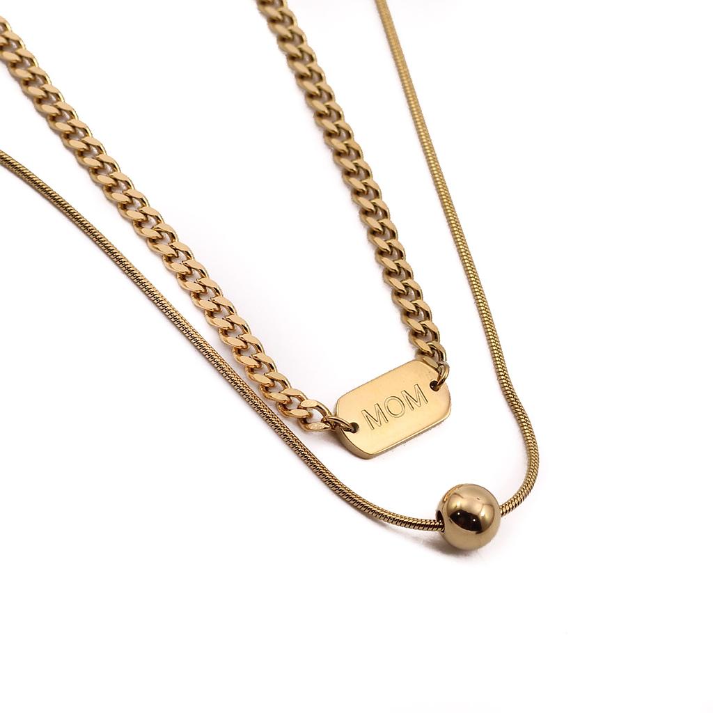 COL21114 Collar Acero Dorado Doble cadena cola rata y basica, bolitas y placa MON