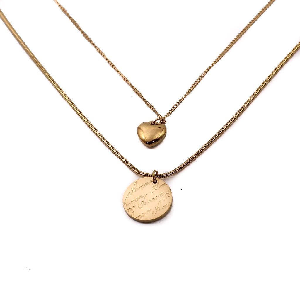 COL21115 Collar Acero Dorado Doble cadena cola rata y basica, corazón y circulo amor