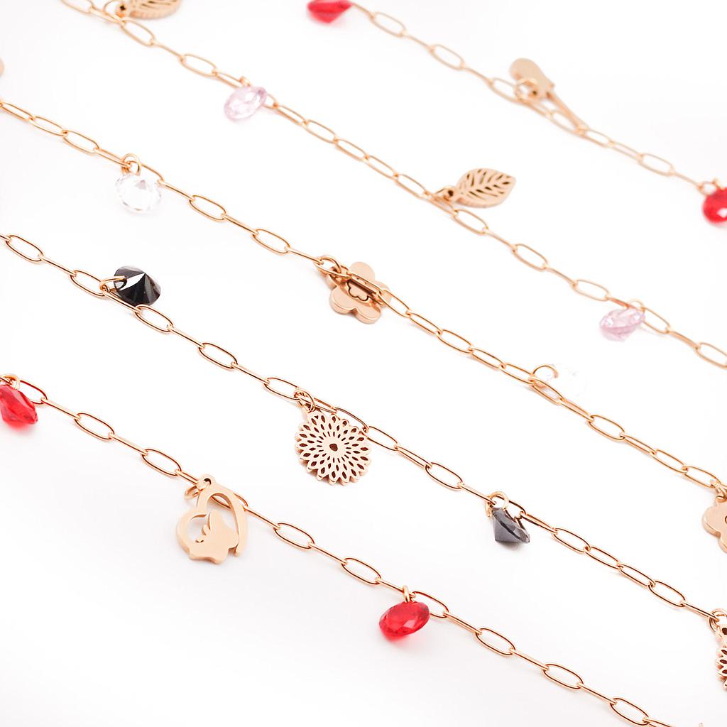 PUL14222 Pulsera de Acero Dorado eslabon largo chico, dije y piedras