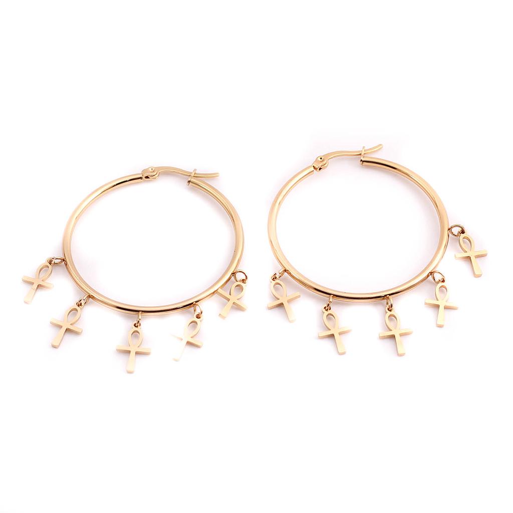 AR39270	 Arracada de Acero dorada 4 cm con dijes cruz