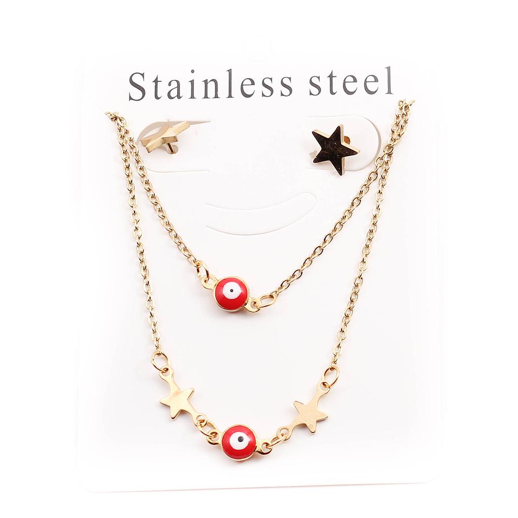 COL147 Juego Acero Dorado doble cadena ojo turco
