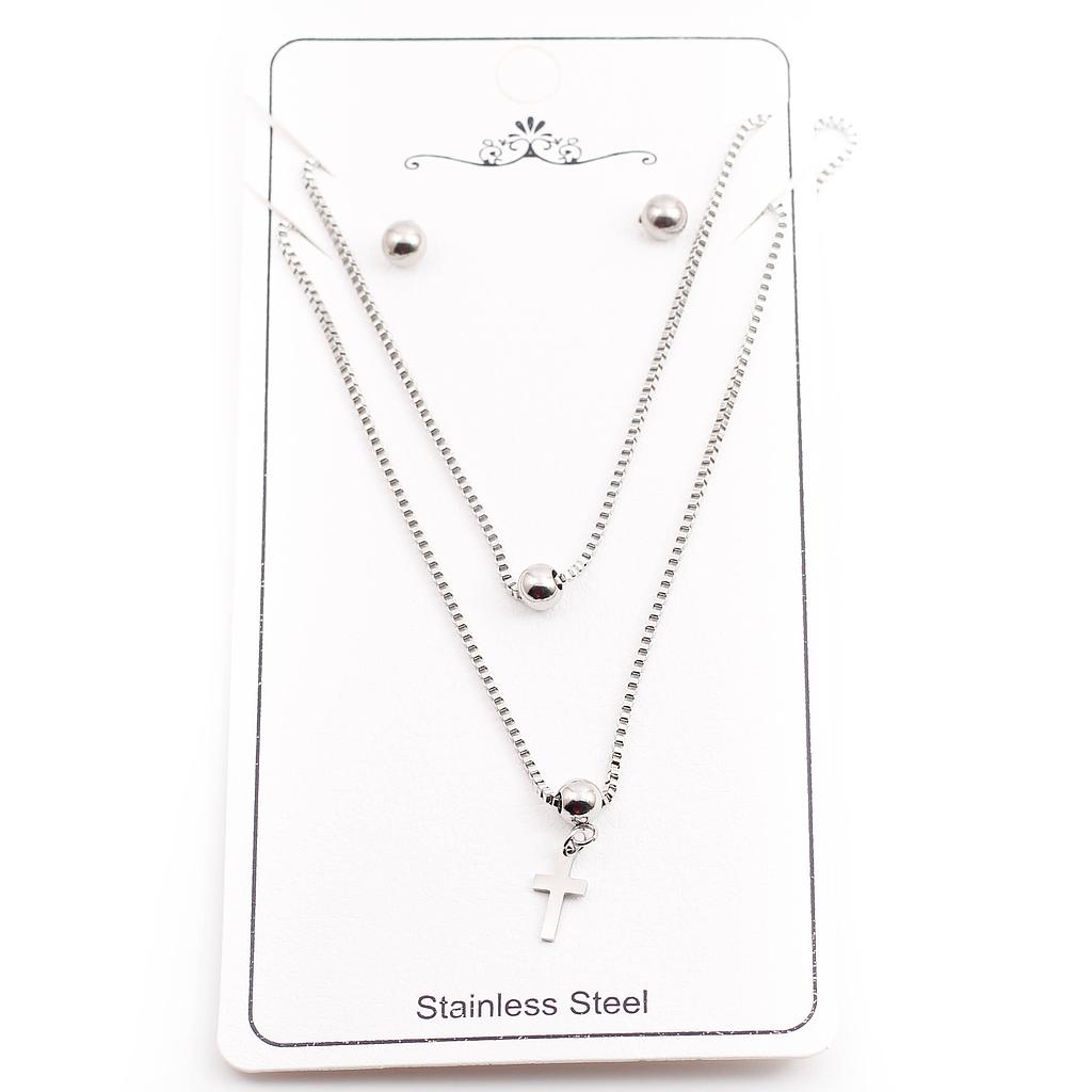 COL14471 Juego Acero Plateado doble cadena dijes varias figuras