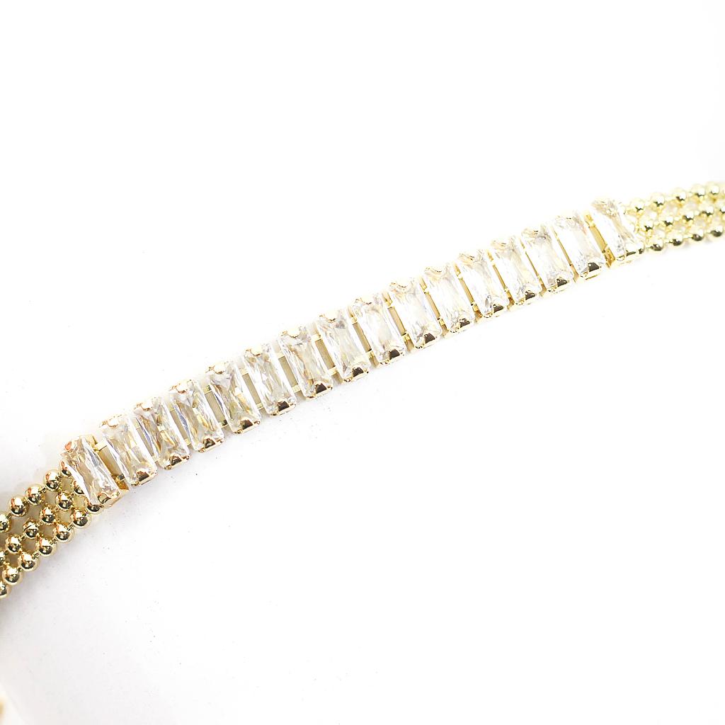 PUL504 Pulsera Acero Dorada bolitas con linea piedras blancas