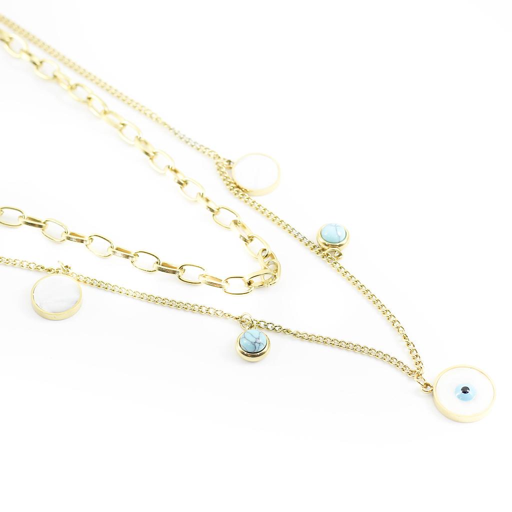 COL160852 Collar Acero Dorado cadena mixta ojo turquesa y perla madre