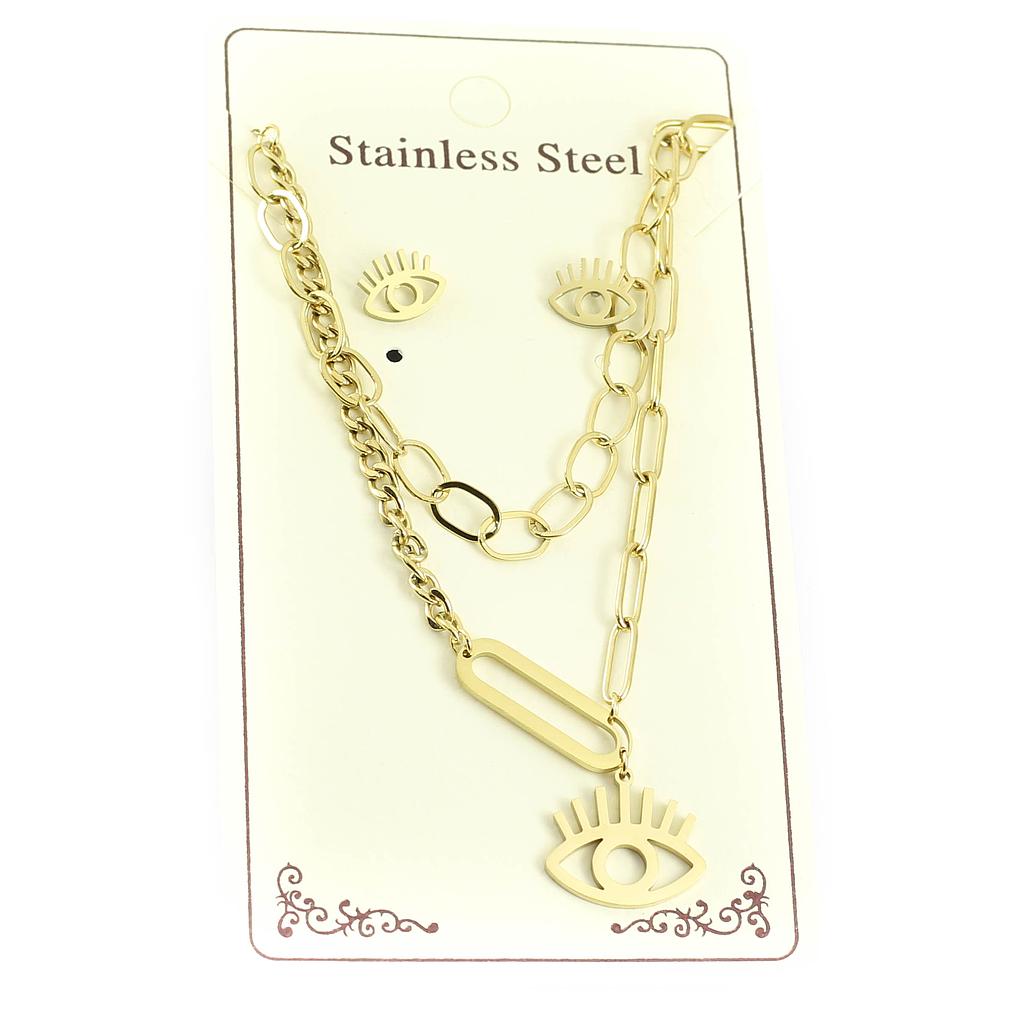 COL160812 Juego Acero de Collar y aretes Cadena mixta ojo de pestaña