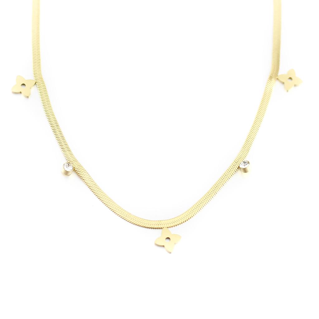 COL160861 Collar Acero Dorado pecho de cocodrilo con flores