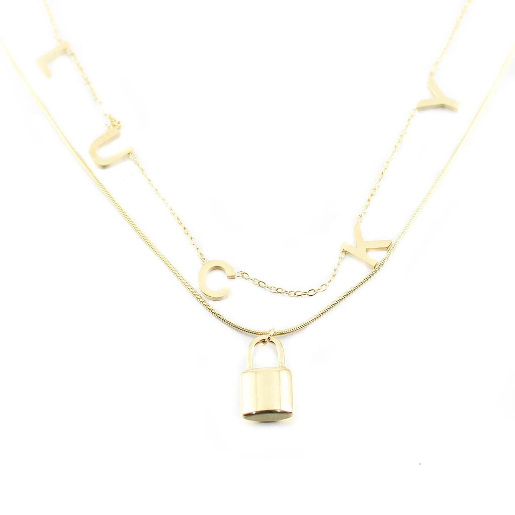 COL160837 Collar Acero Dorado cadena mixta candado lucky