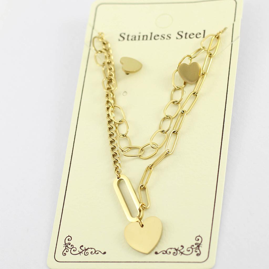 COL160814 Juego Acero de Collar y aretes Cadena mixta Corazón
