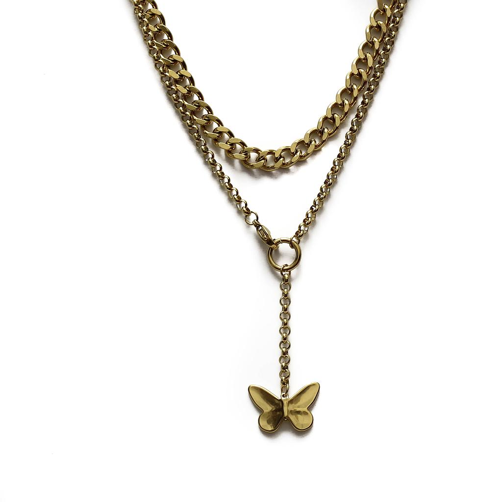 COL160840 Collar Acero Dorado cadena gruesa con mariposa grande