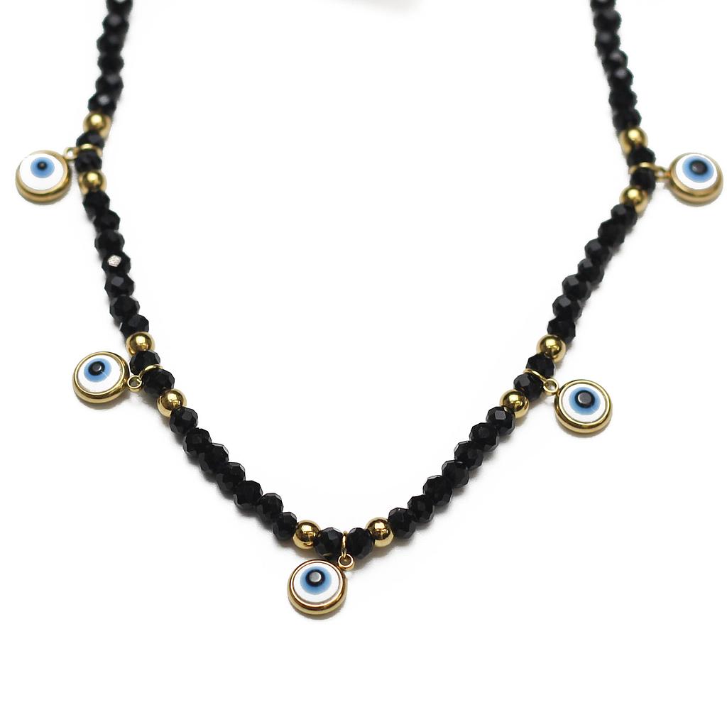 COL160844 Collar Acero Dorado cuentas negras con ojos turcos