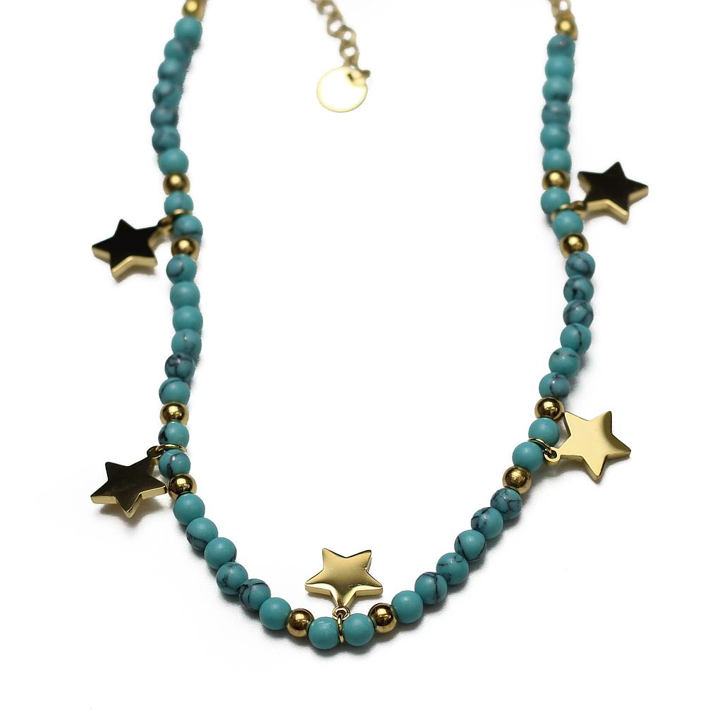 COL160845 Collar Acero Dorado cuentas turquesa con estrella