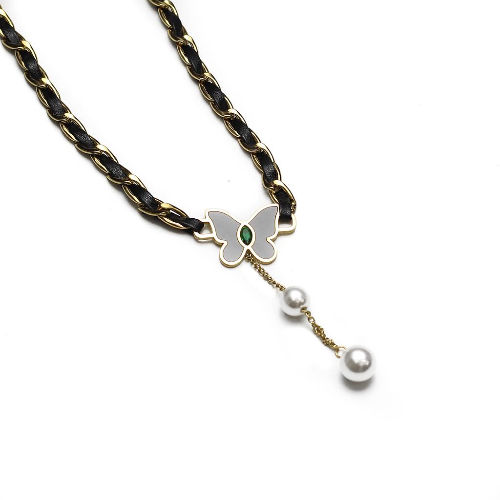 COL160847 Collar Acero Dorado cadena gruesa con listón y perlas