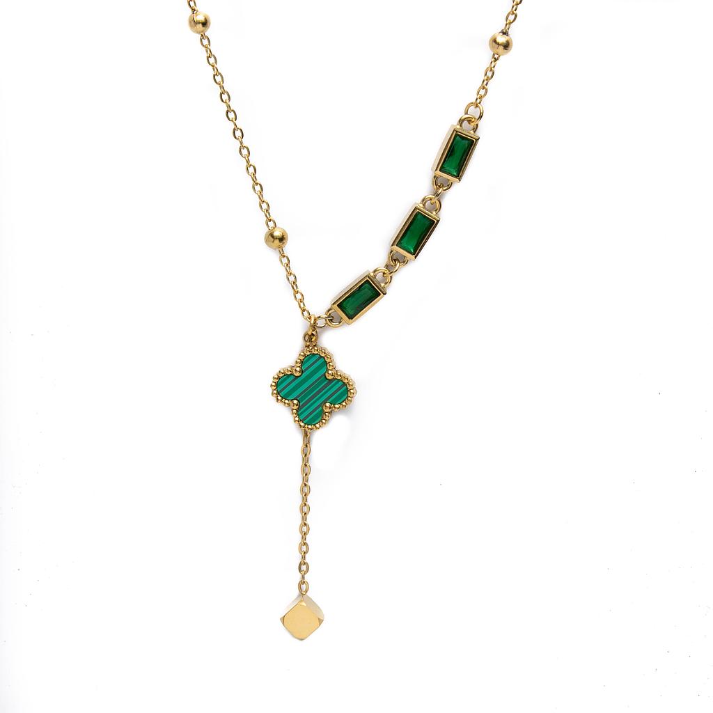 COL160851 Collar Acero Dorado flor verde