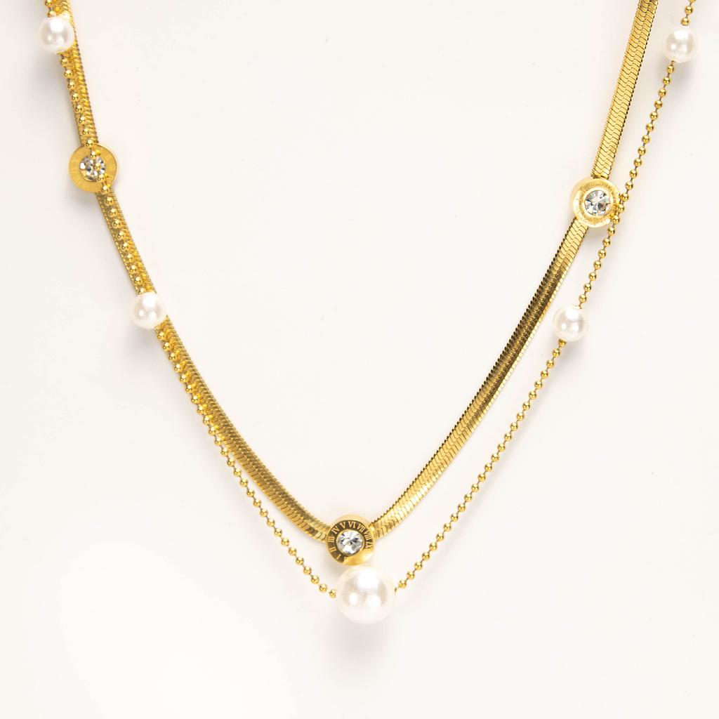 COL160849 Collar Acero Dorado cadena mixta perlas y números romanos