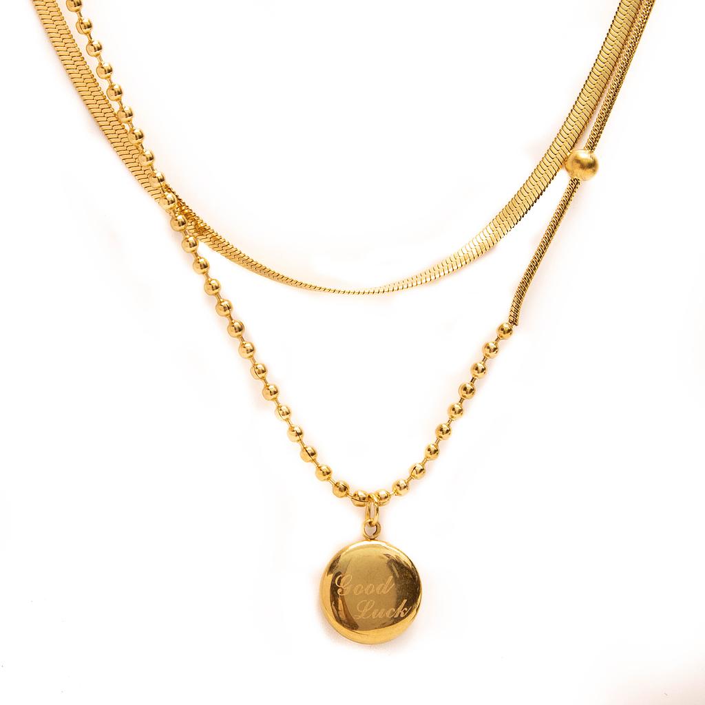 COL160848 Collar Acero Dorado cadena mixta medalla good luck