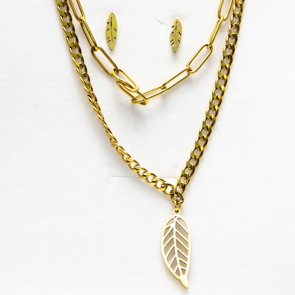 COL160826 Juego Acero de Collar y aretes Cadena mixta Hoja