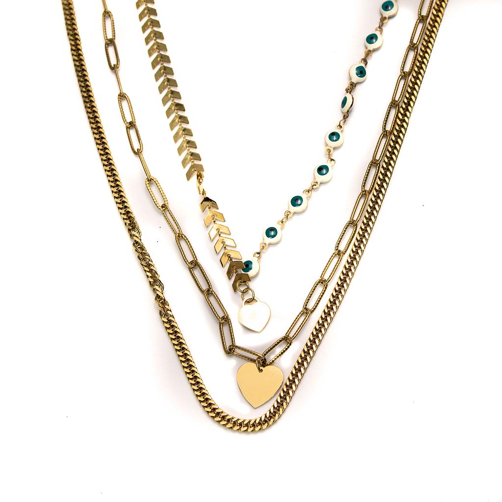 COL510094 Collar Acero triple cadena mixta con ojo turco