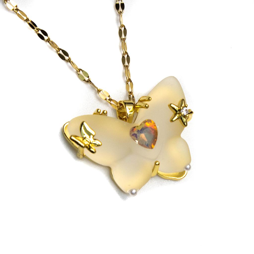 COL2340 Collar Acero dorado Mariposa matte con piedra tornasol