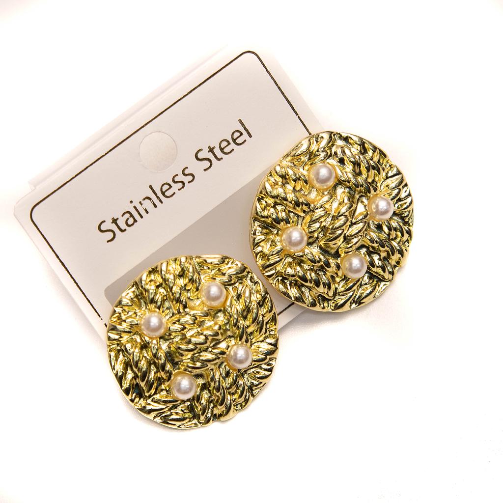 AR110037 Arete Acero dorado Botón con perlas