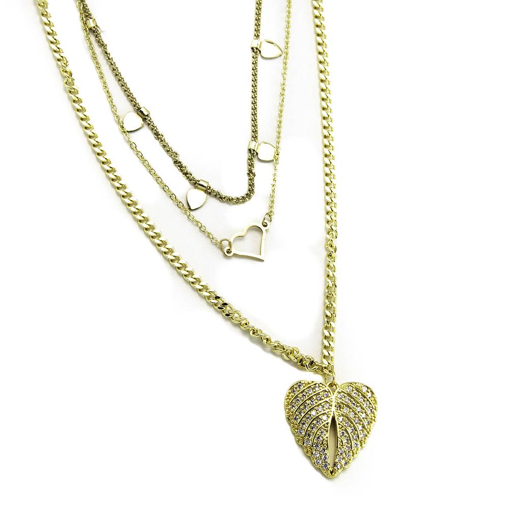 COL0080 Collar Acero Dorado Cadena Mixta Triple dije alas/corazón