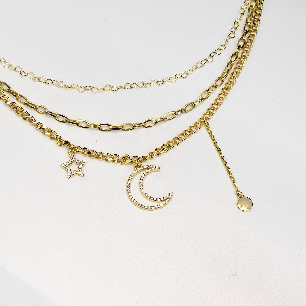 COL0066 Collar Acero Dorado Cadena triple mixta con Luna y estrella
