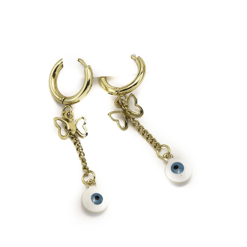 AR240320 Huggie Acero Dorado Largo 15 mm  con Ojo y Mariposa