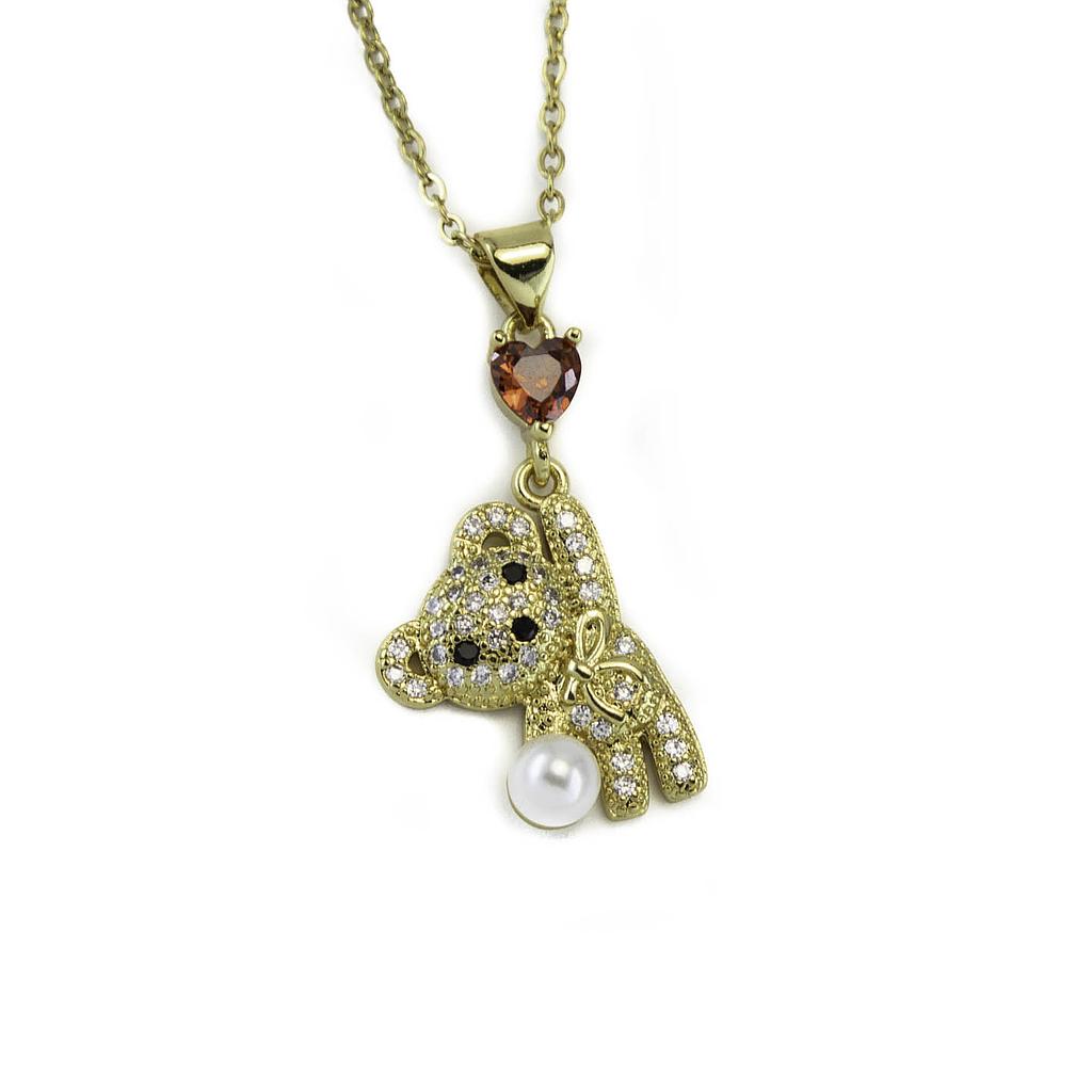 COL250427 Collar Acero Inoxidable Oso con Perla y Piedra Corazón
