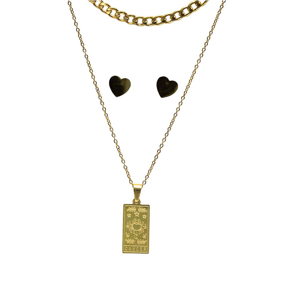 COL160811 Juego Acero de Collar y aretes  Signos Zodiacales placa