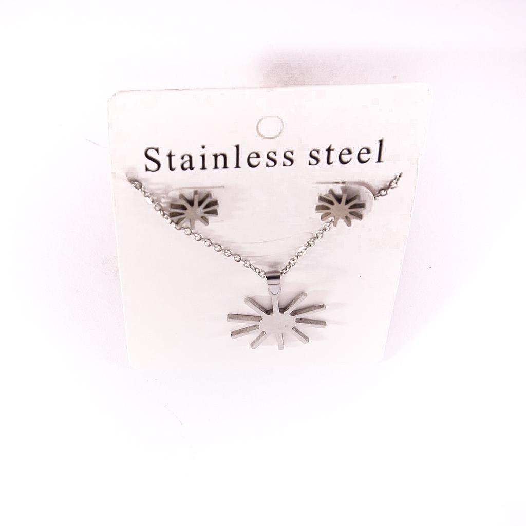 COL1071 Juego Acero Gargantilla Sencilla con Aretes Plateado