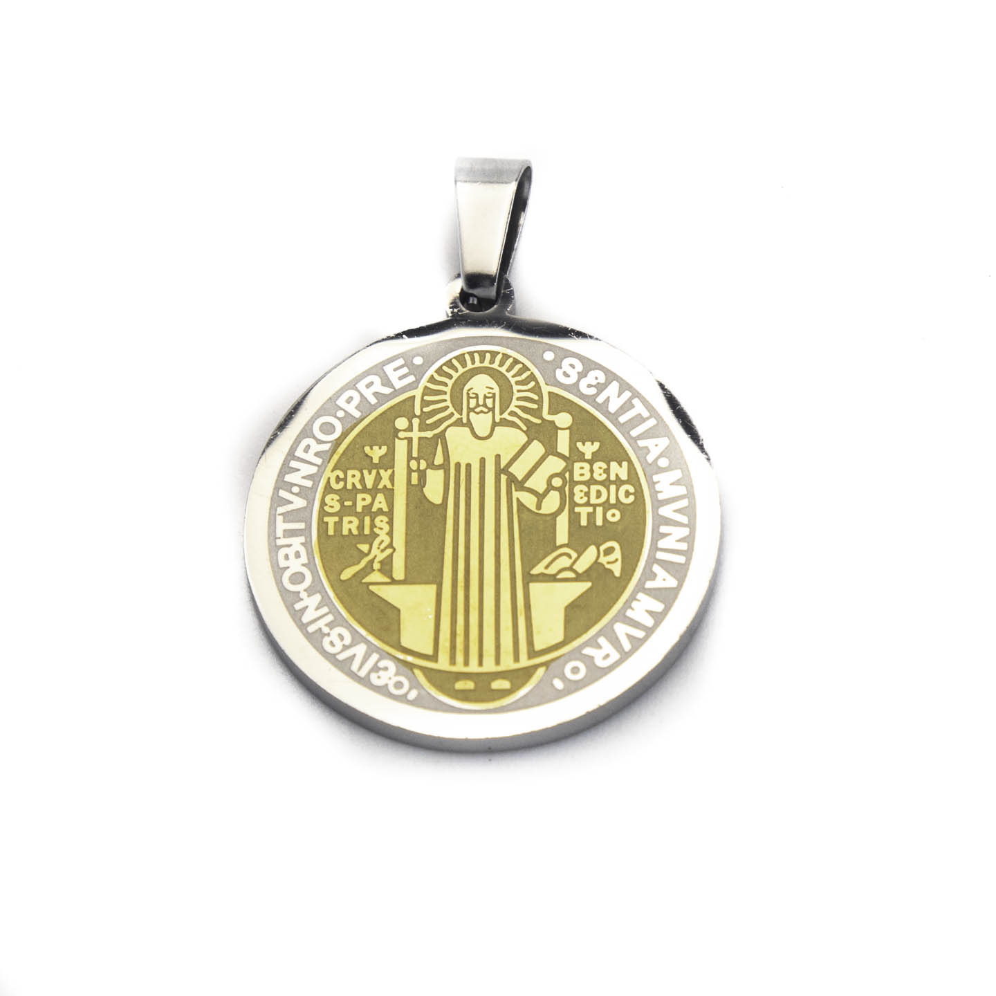 JE06 Dije Acero Dorado y Plateado de San Benito 2.5 cm